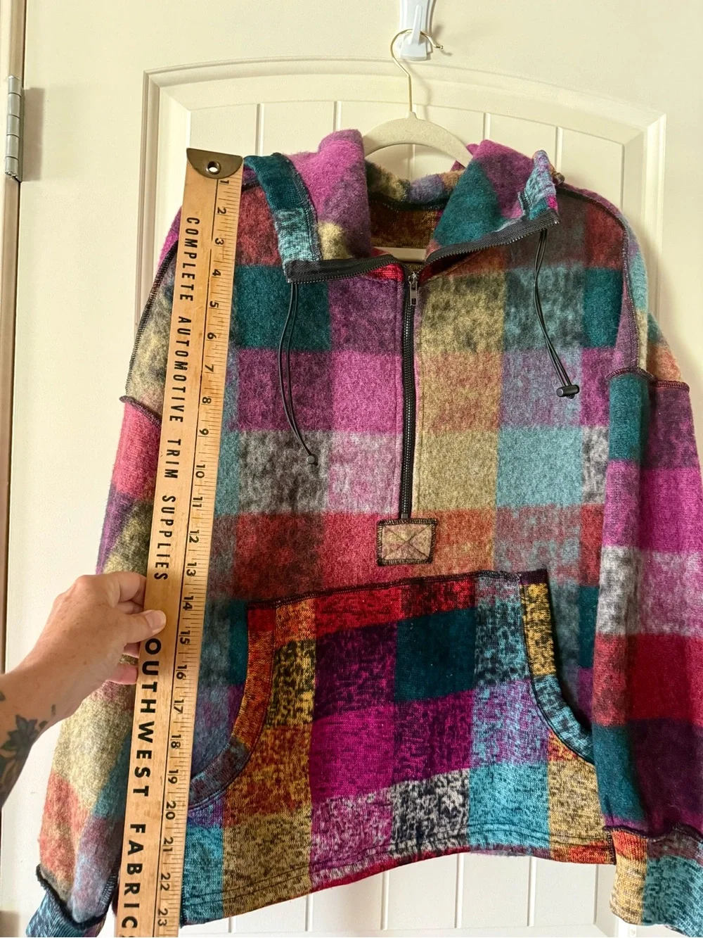 Plaid Multicolor Half-Zip Hoodie Sweatshirt - Pink Teal Mustard - Picture 5 of 15